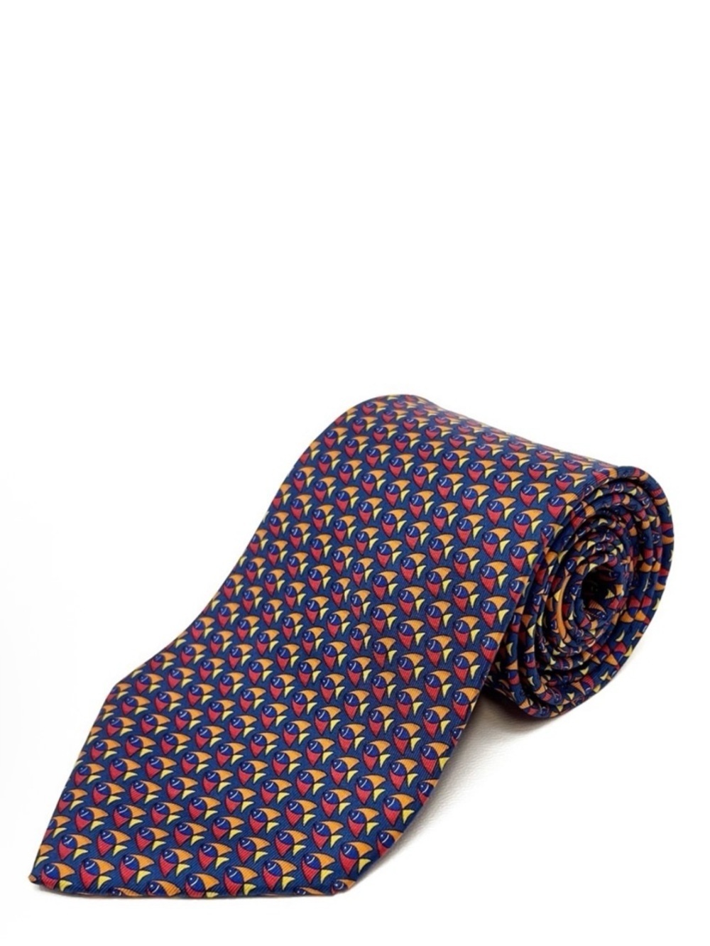 Salvatore Ferragamo Silk Neck Tie Navy Blue Abstract Fish Orange Yellow Red EUC